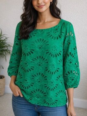 Ann Taylor Eyelet Green Blouse with Three-Quarter Sleeves